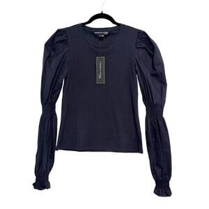 Veronica Beard Fawn Mixed Media Puff Sleeve Top Navy Ribbed Knit Size S NWT!